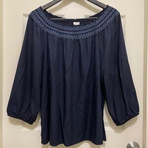 J.Jill Smocked 2 Way A-Line Top Navy Blue On or Off Shoulder‎ Large Boho Peasant